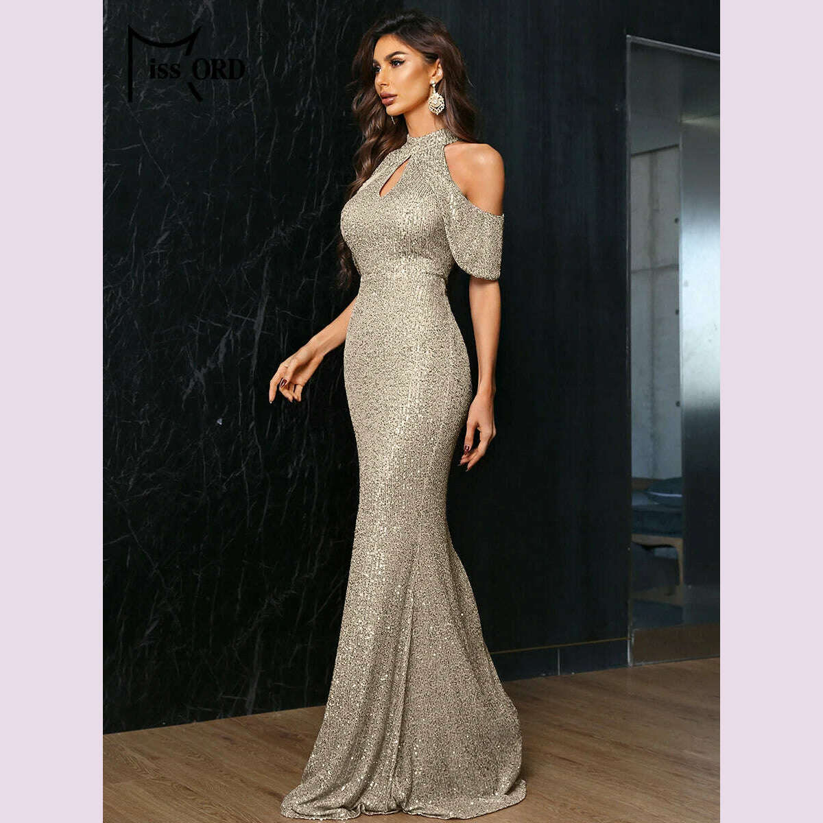 KIMLUD, Missord Rose Gold Sequin Evening Dresses Women Elegant High Collar Raglan Sleeve Cut-Out Bodycon Maxi Party Dress Long Prom Gown, as show / S, KIMLUD APPAREL - Womens Clothes