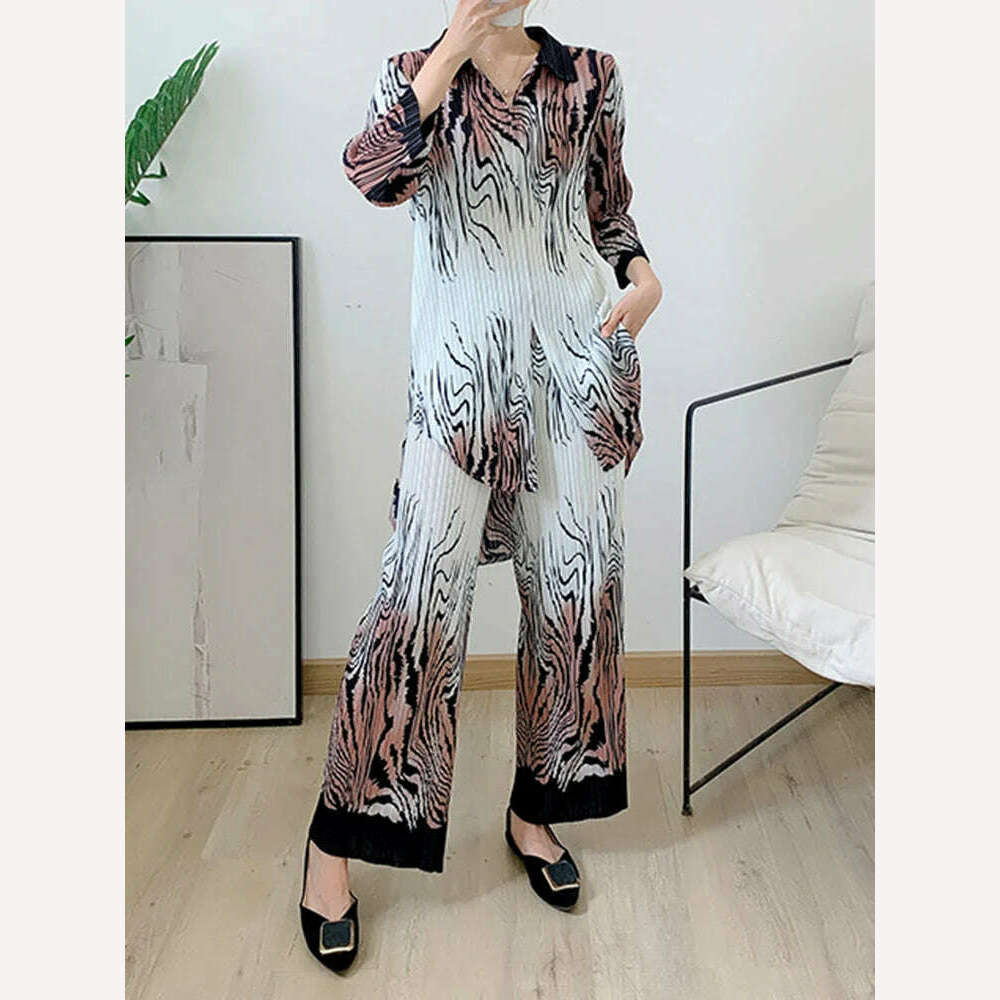 Miyake Pleated 2 Piece Set Split Loose Women Vintage Print Long T Shirt Wide Leg Casual Pants Lady Autumn Summer Fashion Suit - KIMLUD