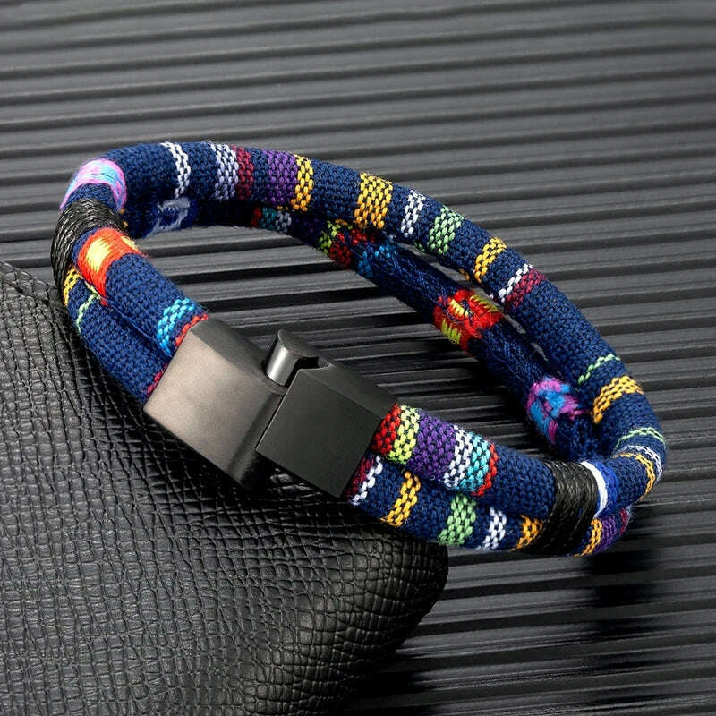 MKENDN Black Stainless Steel Surfer Waterproof Rope Bracelet Men Women Handmade Woven Double-Layer Design Beach Jewelry Gift - KIMLUD