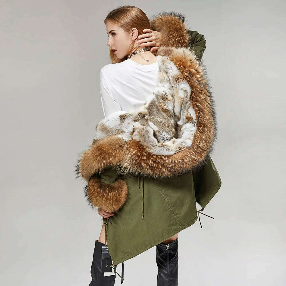 KIMLUD, MMK fashion women's parka coat rabbit fur lining big raccoon fur collar winter coat jacket long hooded army green season warm ja, KIMLUD Womens Clothes