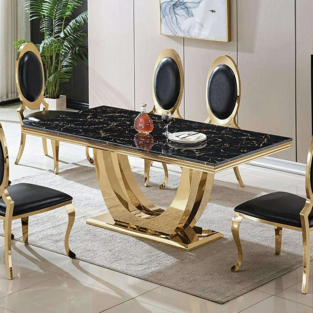 KIMLUD, Modern Marble Dining Table, Luxurious Kitchen Table, Equipped with A Golden Geometric U-shaped Stainless Steel Base, KIMLUD Womens Clothes