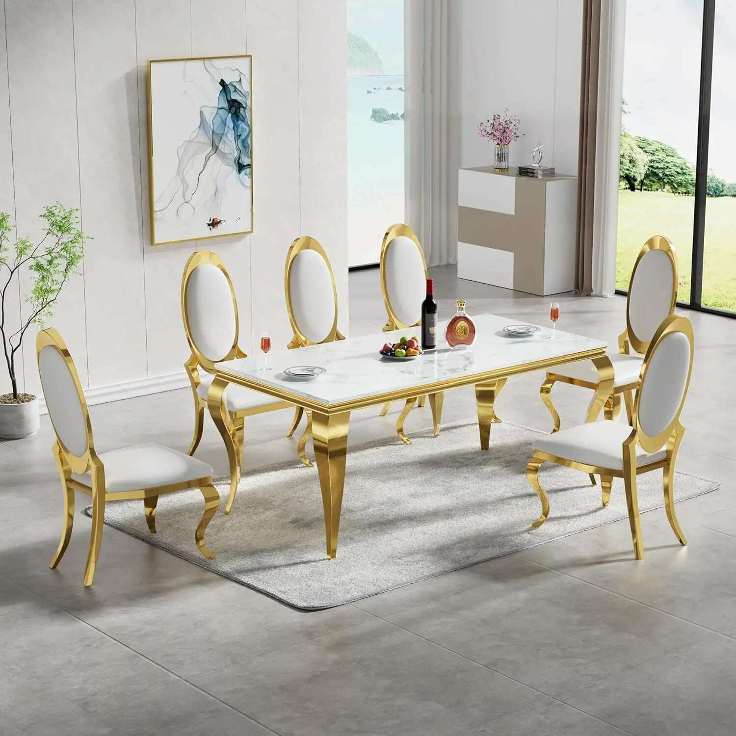 KIMLUD, Modern Marble Dining Table, Luxurious Kitchen Table, Equipped with A Golden Geometric U-shaped Stainless Steel Base, C-white Gold / United States, KIMLUD APPAREL - Womens Clothes