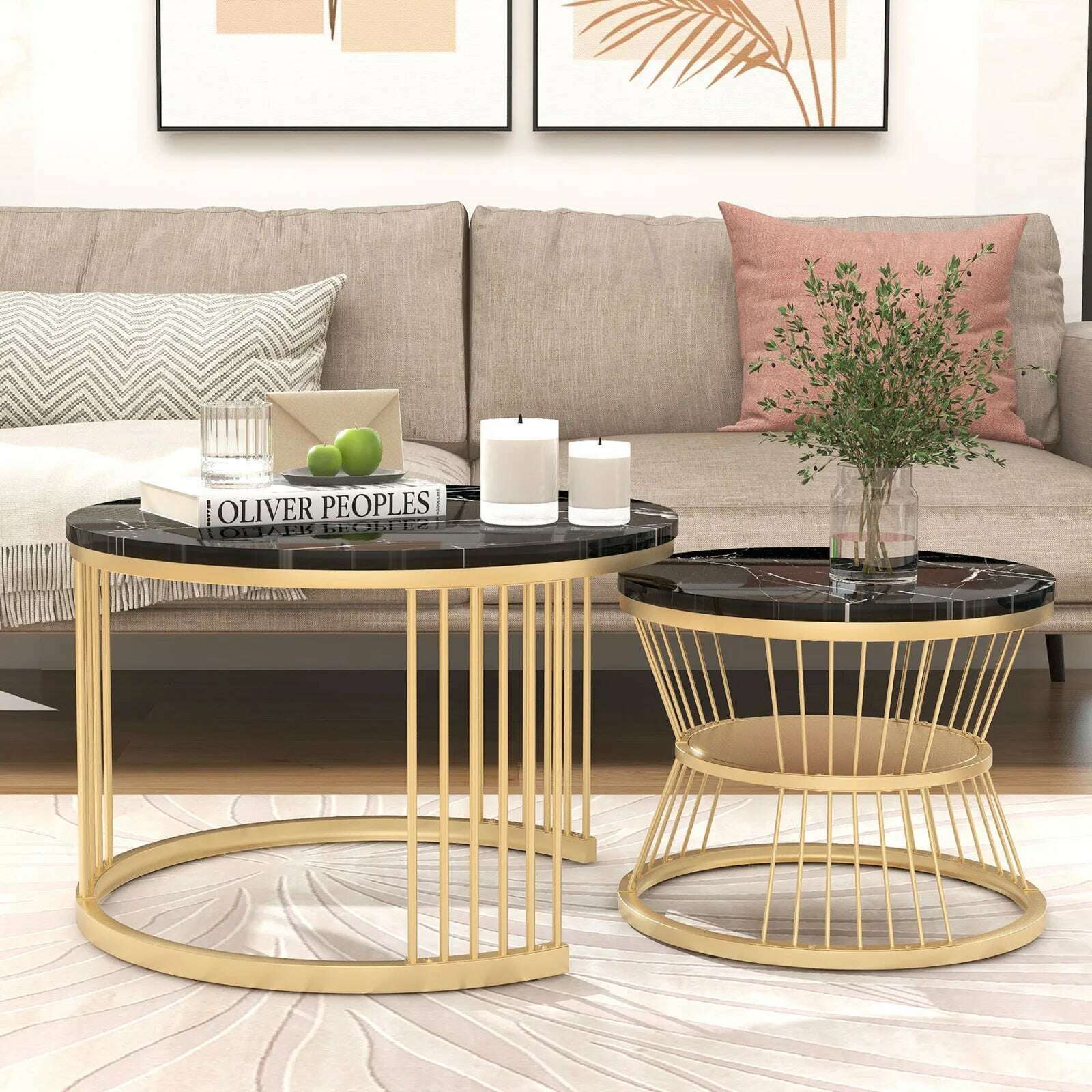 KIMLUD, Modern Nesting Coffee Table, Coffee Table Set Marble Veneer Sofa Side Nest of Tables Round End Tables, Set of 2, Golden Frame, KIMLUD Womens Clothes