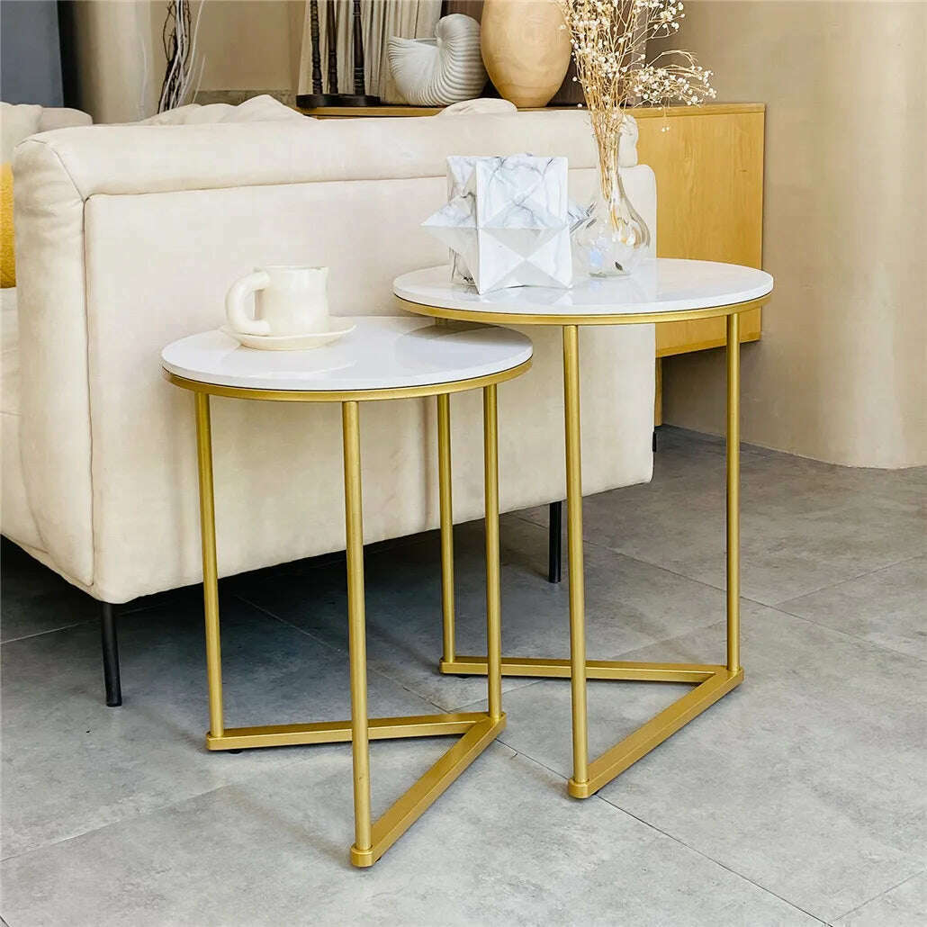 KIMLUD, Modern Round Marble Metal Base Nesting Set Side Accent Table Living Room Storage Small End Table, Set of 2, Marble and Gold, KIMLUD Womens Clothes