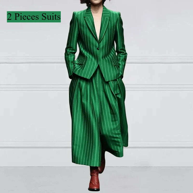 KIMLUD, Modigirl Winter Clothes Trendy Pants Suits Set Office for Women 2024 Autumn British Striped Loose Wide Leg Womens England Capris, Green 2 pieces Suits / S, KIMLUD APPAREL - Womens Clothes