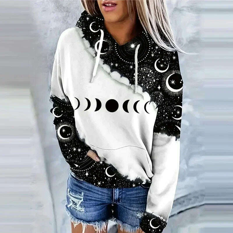 Moon Print Drawstring Hoodie Casual Long Sleeve Hooded Sweatshirt Women's Clothing - KIMLUD