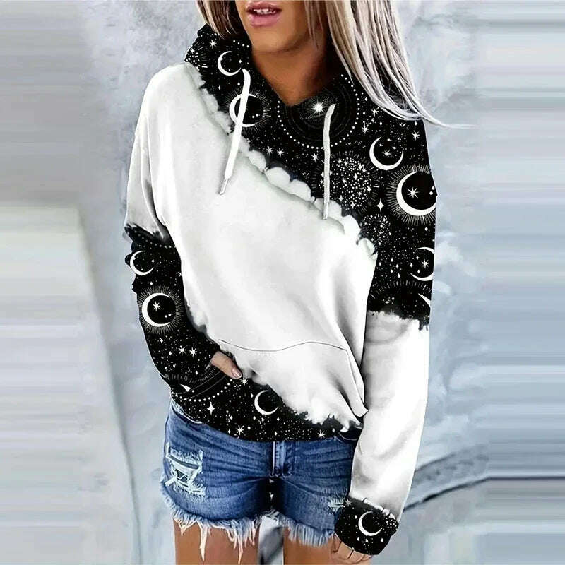 KIMLUD, Moon Print Drawstring Hoodie Casual Long Sleeve Hooded Sweatshirt Women's Clothing, 3 / M, KIMLUD APPAREL - Womens Clothes