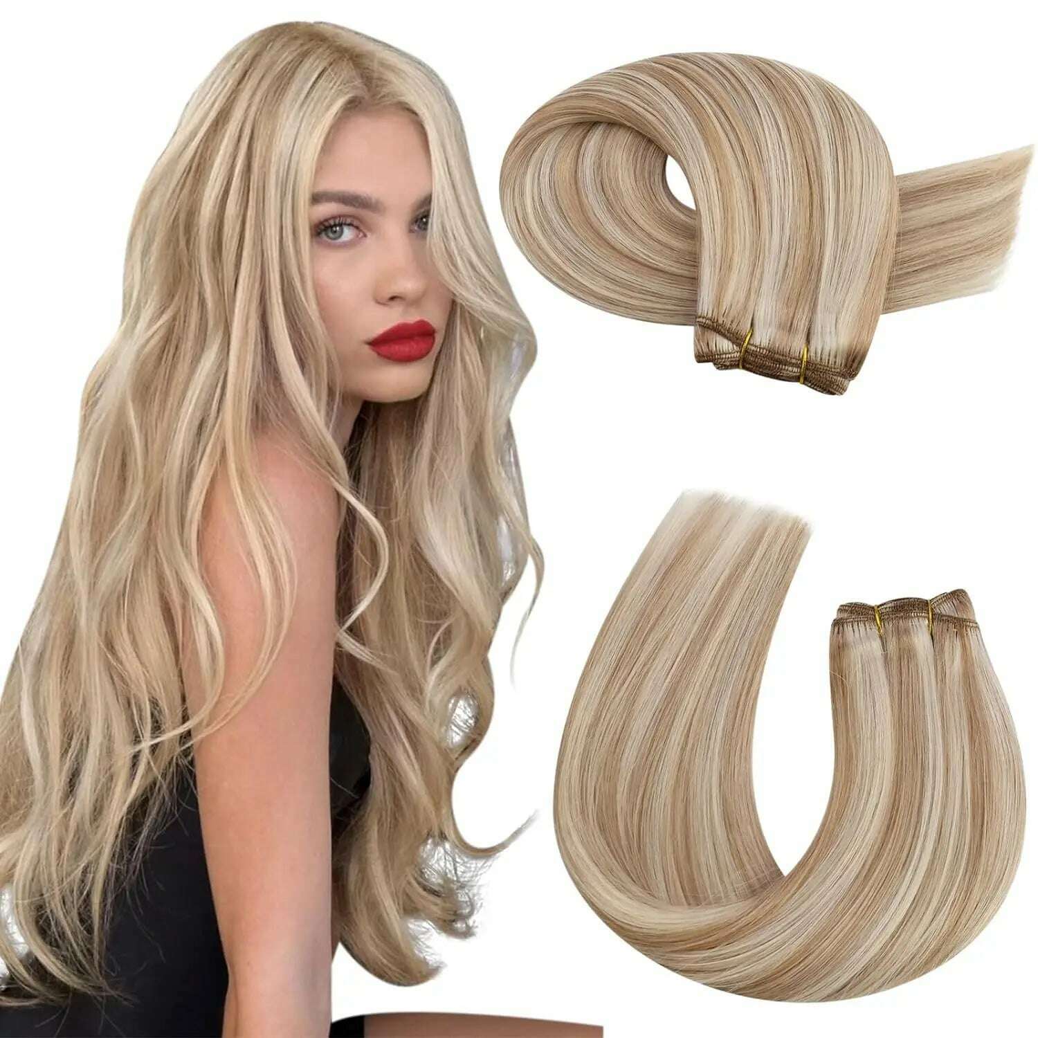 Moresoo Human Hair Weft Extensions Highlighted Sew in Extensions Human Hair Straight Remy Hair Double Weft 100g Weave Bundles - KIMLUD