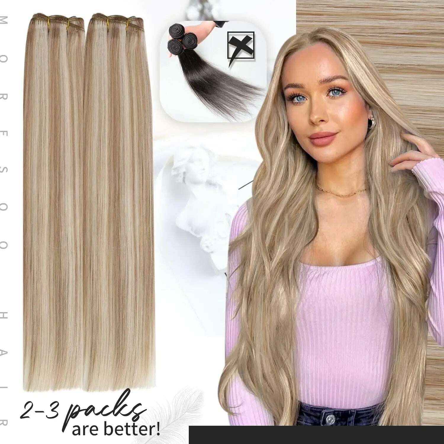 Moresoo Human Hair Weft Extensions Highlighted Sew in Extensions Human Hair Straight Remy Hair Double Weft 100g Weave Bundles - KIMLUD