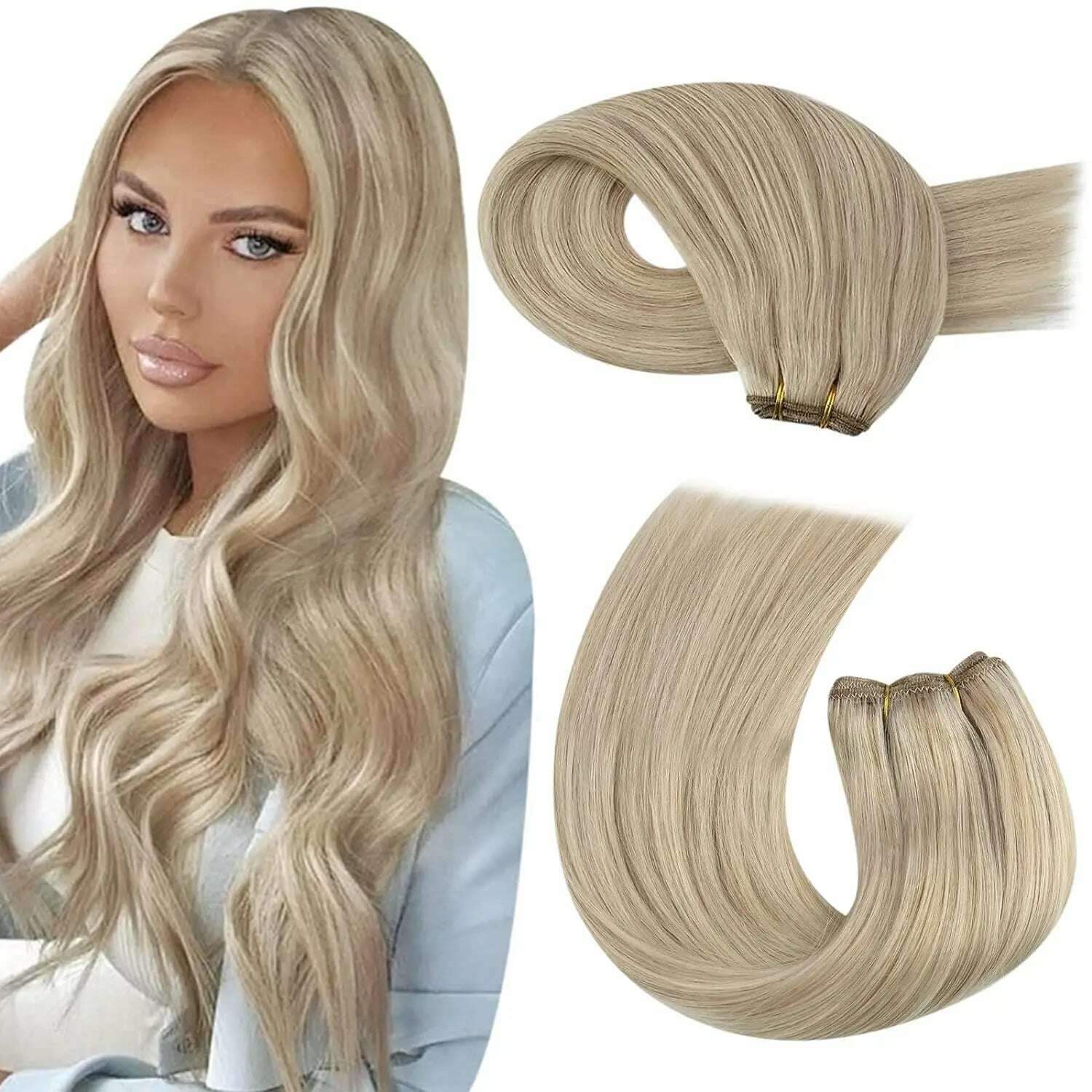 Moresoo Human Hair Weft Extensions Highlighted Sew in Extensions Human Hair Straight Remy Hair Double Weft 100g Weave Bundles - KIMLUD