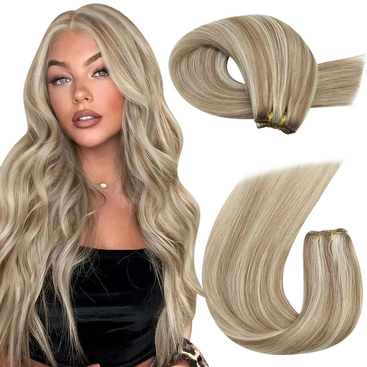 Moresoo Human Hair Weft Extensions Highlighted Sew in Extensions Human Hair Straight Remy Hair Double Weft 100g Weave Bundles - KIMLUD