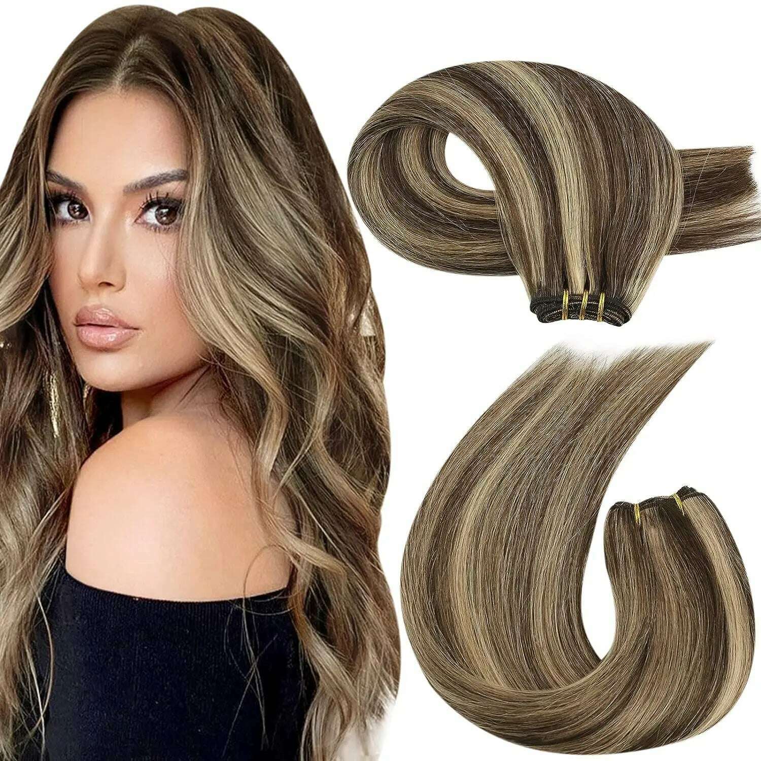 Moresoo Human Hair Weft Extensions Highlighted Sew in Extensions Human Hair Straight Remy Hair Double Weft 100g Weave Bundles - KIMLUD