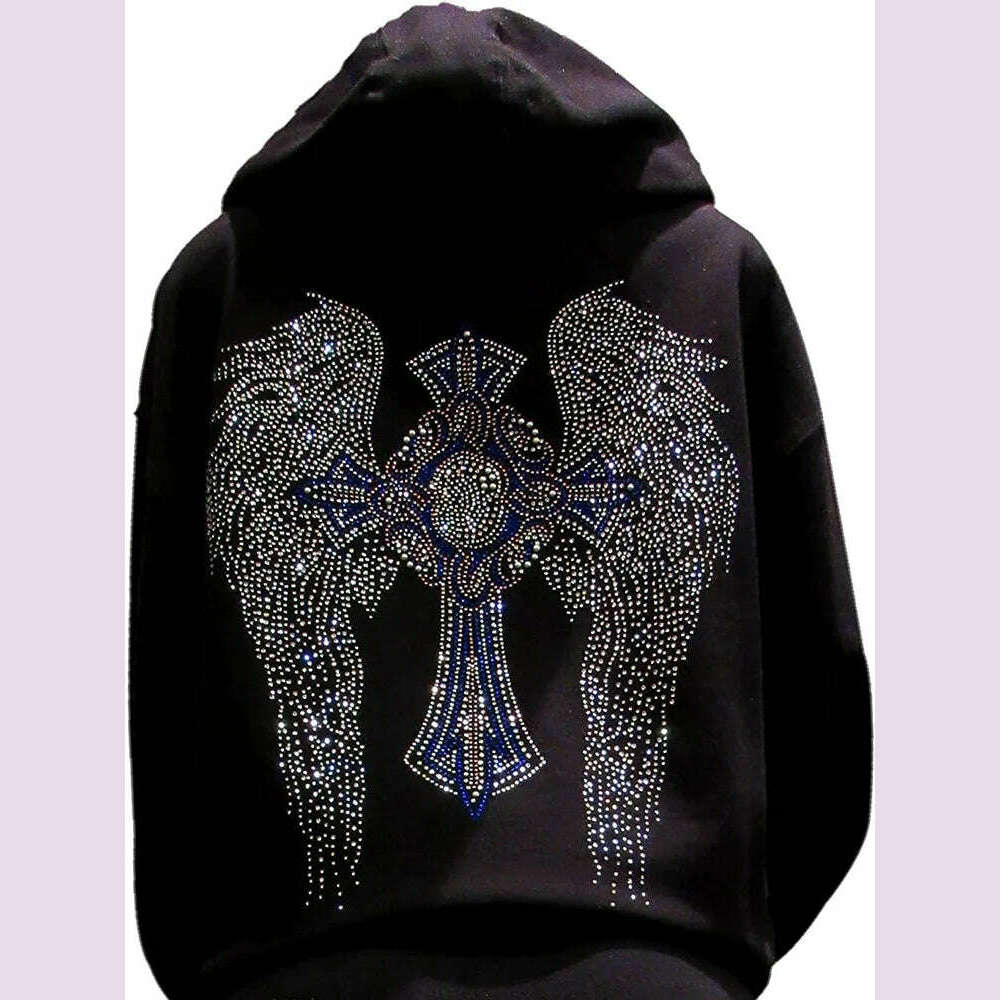 KIMLUD, Multicolor Rhinestone Cross and Angel Wings Black Zipper Hoodie, KIMLUD Womens Clothes