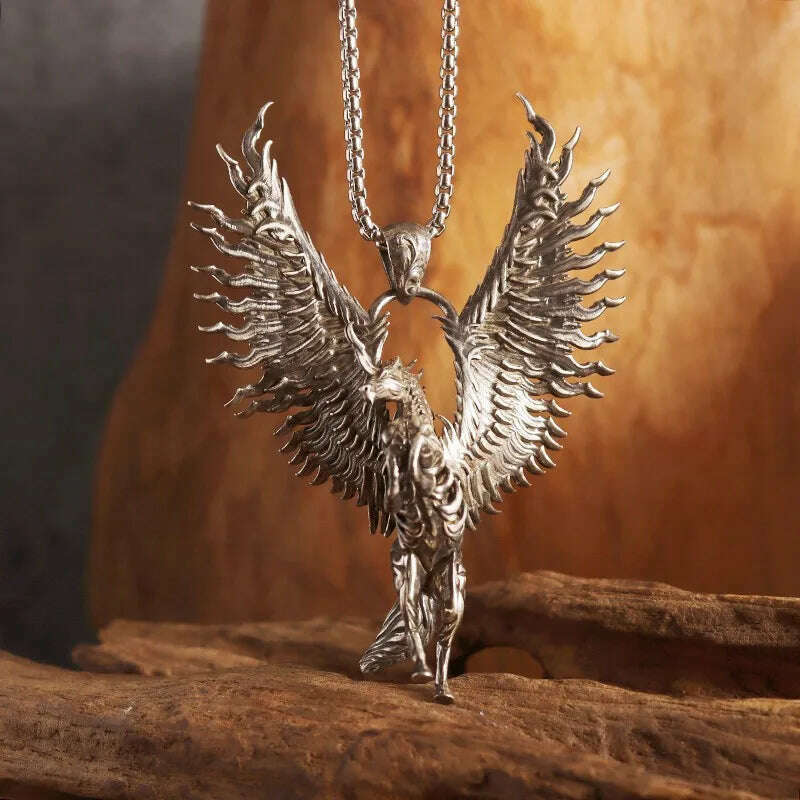 KIMLUD, Mythical Unicorn Pegasus Wings Pendant Horse Constellation Necklace Men and Women Trend Jewelry Couple Gift, AL19709-Silver, KIMLUD APPAREL - Womens Clothes