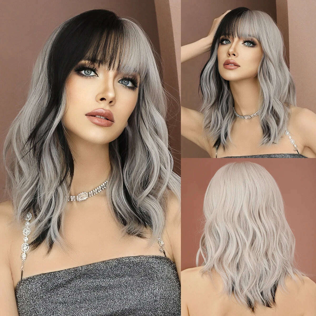 NAMM Silver black Wavy Wig for Woman Daily Party Cosplay Middle Part Natural Synthetic Hair Wig Heat Resistant Fiber - KIMLUD