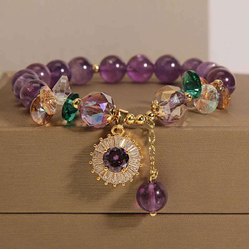 Natural Amethyst Bracelet Women's Light Luxury Wishing Lucky Cat Beaded Pendant Hand Chain Best Friend Bangles Jewelry Gift - KIMLUD