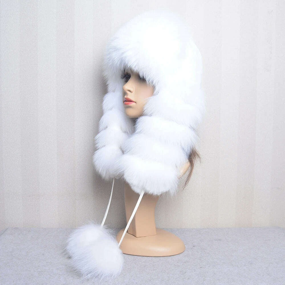 KIMLUD, Natural Fox Fur Russian Hat Ushanka Women Winter Warm Fluffy Popular Style Female Tail Cap Fashion Real Fur Hats, KIMLUD Womens Clothes