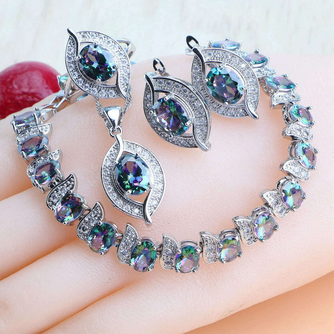 KIMLUD, Natural Magic Rainbow Zirconia Jewelry Sets 925 Silver Wedding For Women Rings Pendant Necklace Earrings Bracelets Bridal Set, KIMLUD Womens Clothes