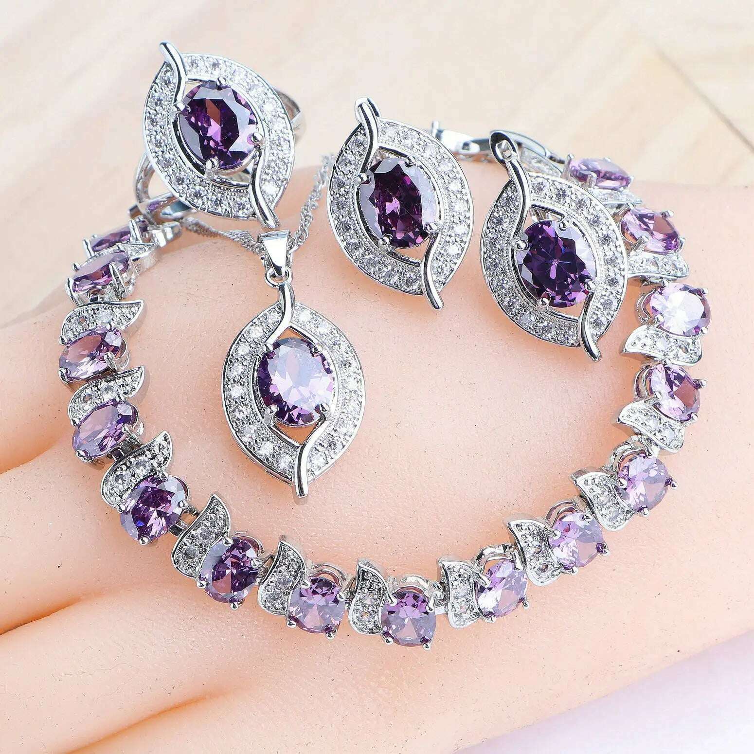 KIMLUD, Natural Magic Rainbow Zirconia Jewelry Sets 925 Silver Wedding For Women Rings Pendant Necklace Earrings Bracelets Bridal Set, 4PCS-Purple / 9, KIMLUD APPAREL - Womens Clothes