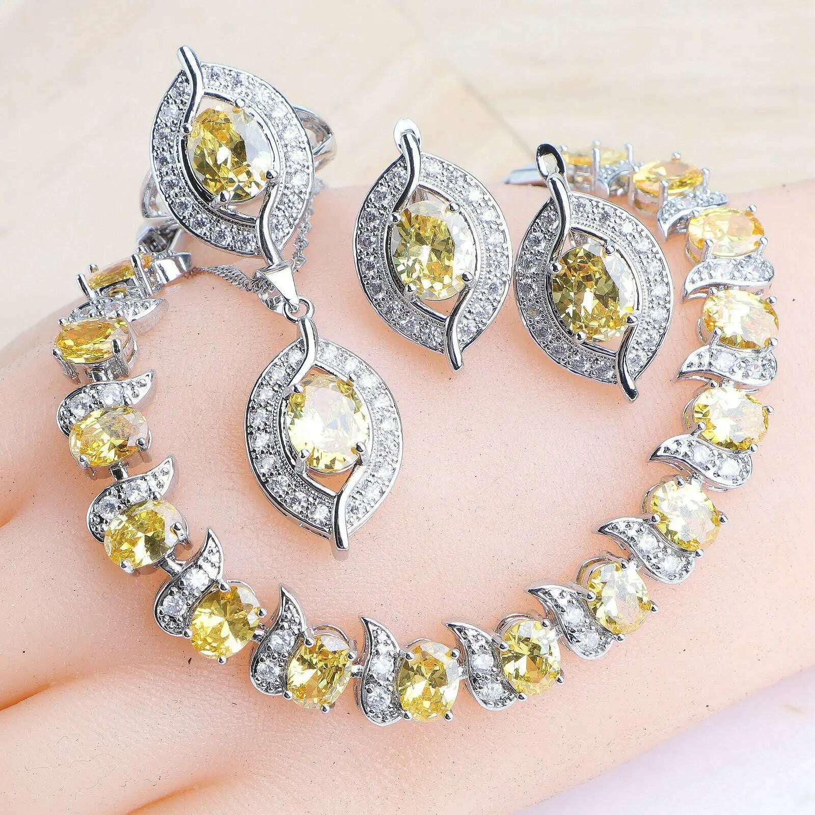 KIMLUD, Natural Magic Rainbow Zirconia Jewelry Sets 925 Silver Wedding For Women Rings Pendant Necklace Earrings Bracelets Bridal Set, 4PCS-Yellow / 9, KIMLUD APPAREL - Womens Clothes