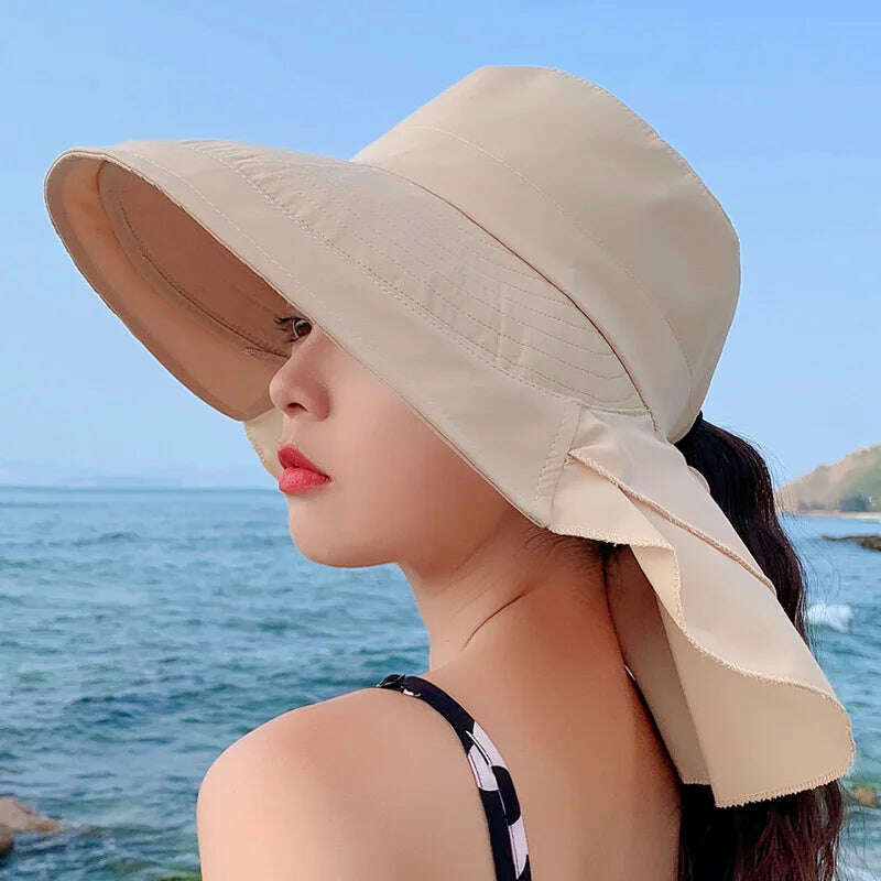 New 2023 Women's Summer Hat for The Sun Wide Brim UV Neck Protection Solar Beach Hats Foldable Ponytail Travel Sun Panama Caps - KIMLUD