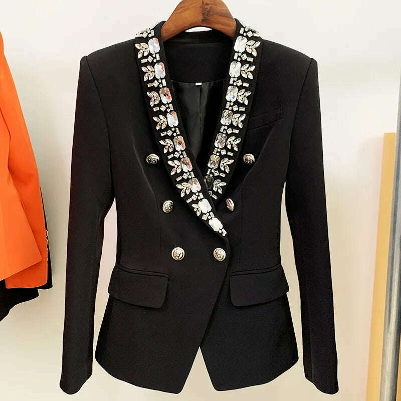 New 2024 Spring Autumn Blazer Jacket Women Double Breasted Slim Suit Beaded Lapel Fashion Streetwear Jackets Long Sleeve Pocket - KIMLUD