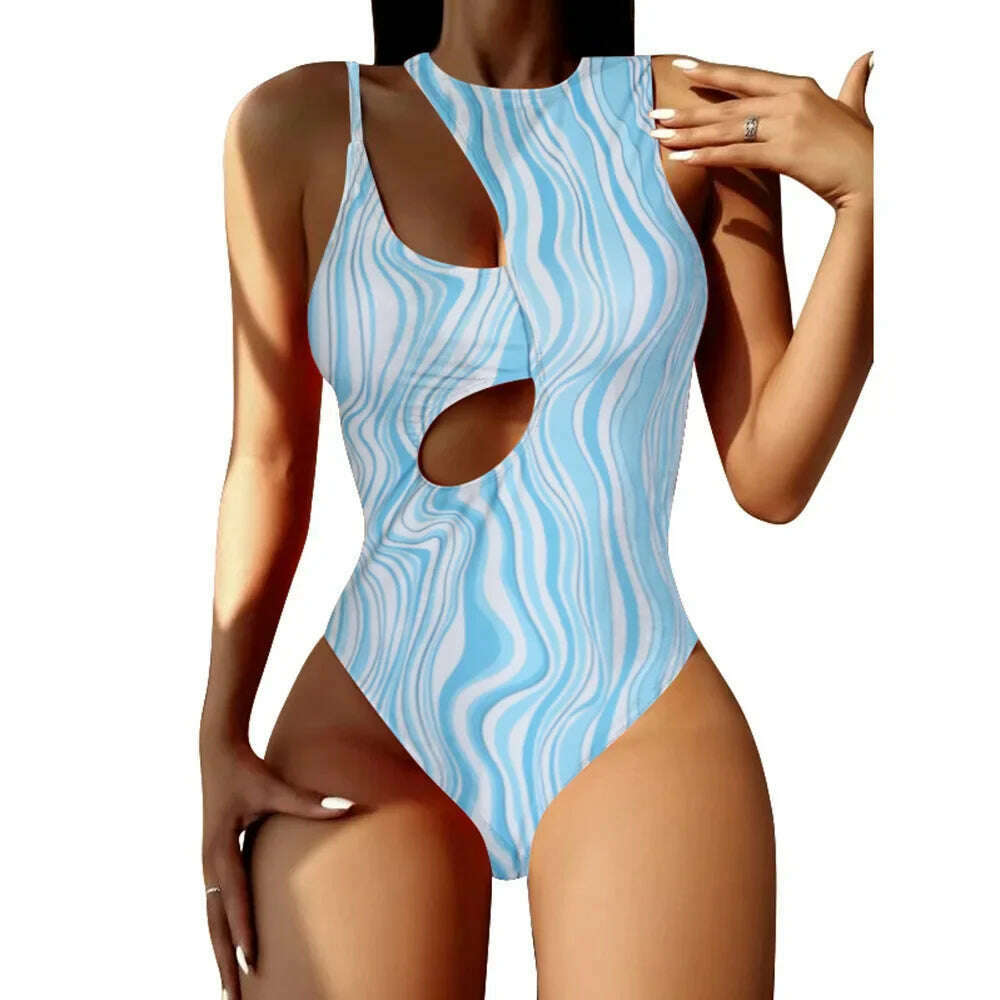 KIMLUD, New 2024 Women Sexy One Piece Bikinis Hollow Out Swimsuit for Gilrs Irregular Bodysuit Single Shoulder Strap Beach Outfits Women, Blue / M, KIMLUD APPAREL - Womens Clothes