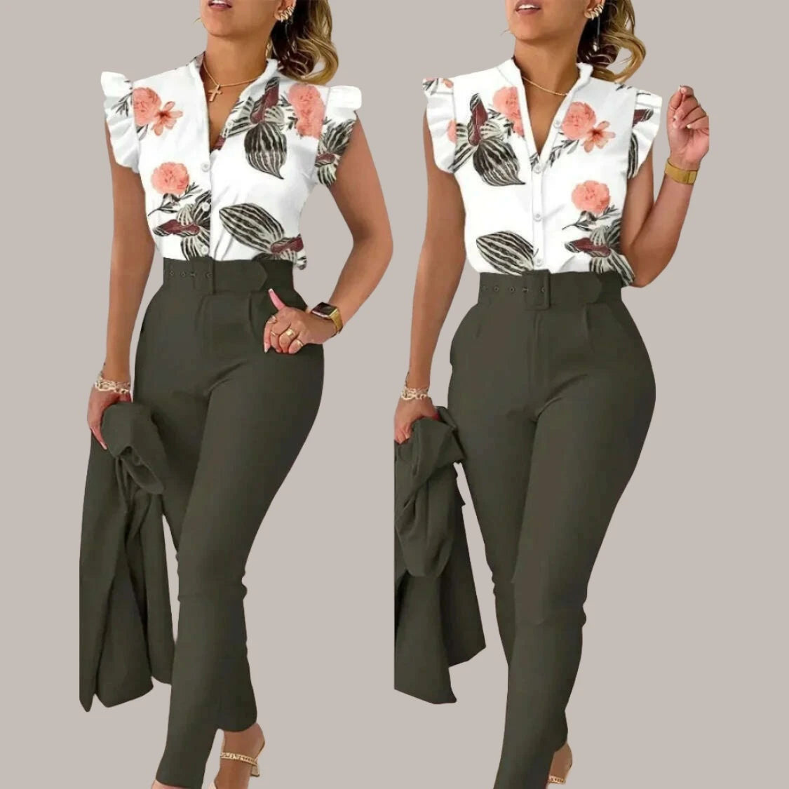 KIMLUD, New 2024 Women's Summer Casual Sets 2PCS Printed Lotus Leaf Sleeve Top and Pants Set with Belt Female Suit Sets Outfits Workwear, KIMLUD Womens Clothes