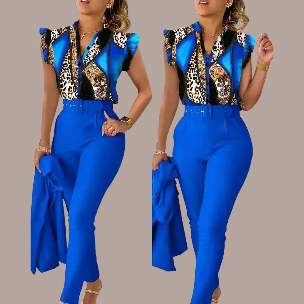 KIMLUD, New 2024 Women's Summer Casual Sets 2PCS Printed Lotus Leaf Sleeve Top and Pants Set with Belt Female Suit Sets Outfits Workwear, Blue Leopard Print / XL, KIMLUD APPAREL - Womens Clothes