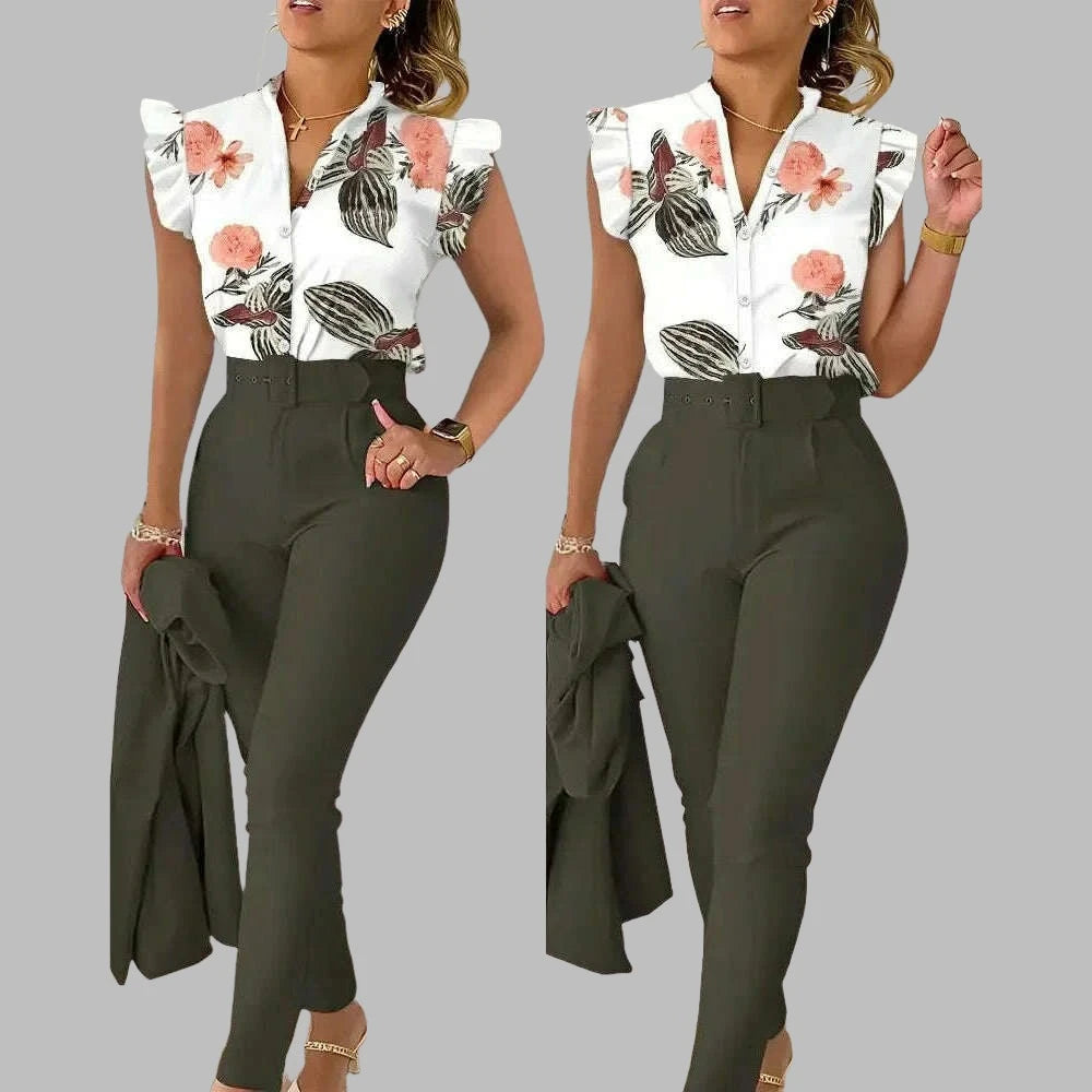 KIMLUD, New 2024 Women's Summer Casual Sets 2PCS Printed Lotus Leaf Sleeve Top and Pants Set with Belt Female Suit Sets Outfits Workwear, Army Green / S, KIMLUD APPAREL - Womens Clothes