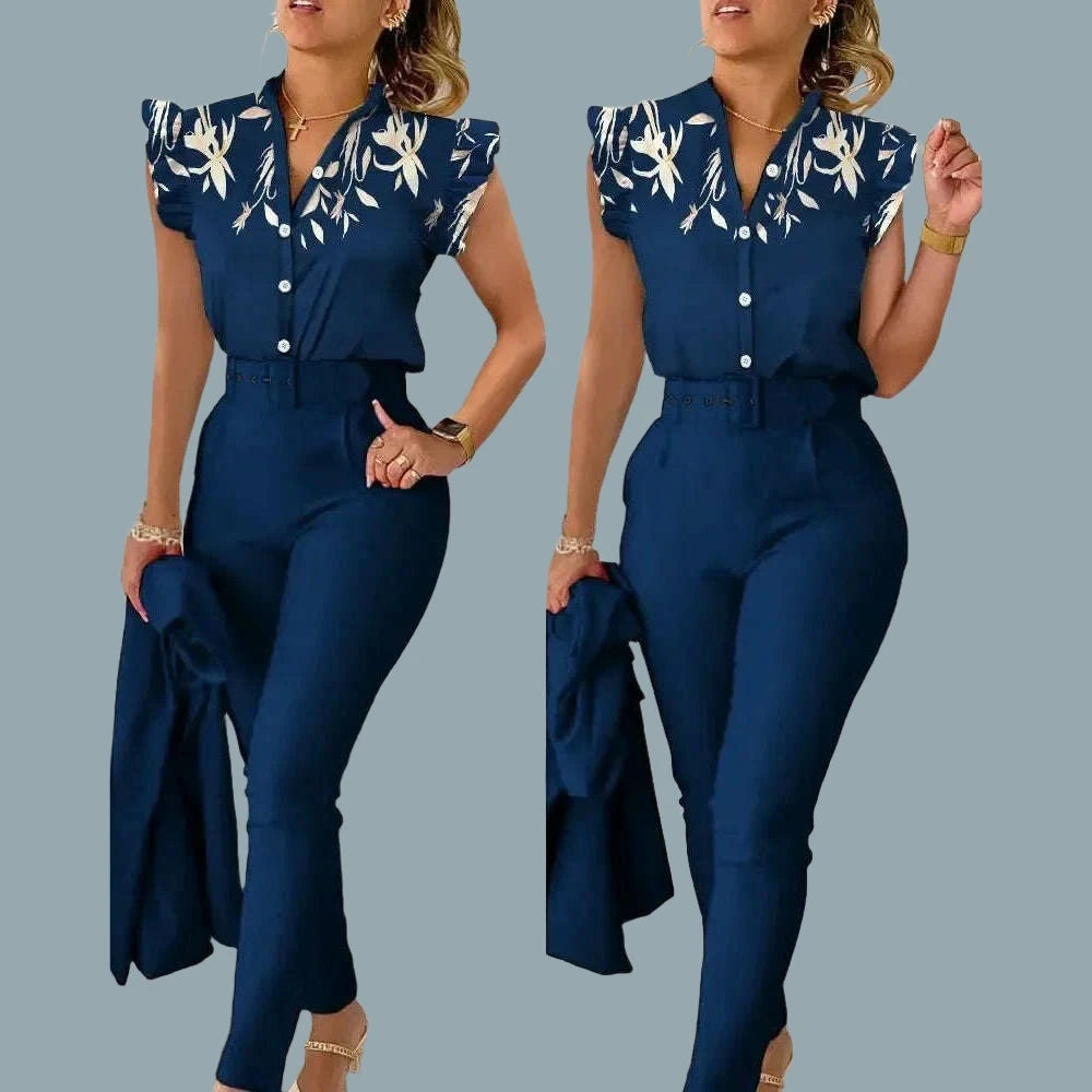 New 2024 Women's Summer Casual Sets 2PCS Printed Lotus Leaf Sleeve Top and Pants Set with Belt Female Suit Sets Outfits Workwear - KIMLUD