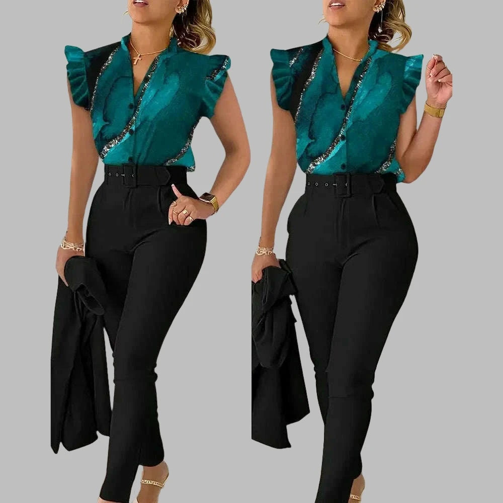 New 2024 Women's Summer Casual Sets 2PCS Printed Lotus Leaf Sleeve Top and Pants Set with Belt Female Suit Sets Outfits Workwear - KIMLUD