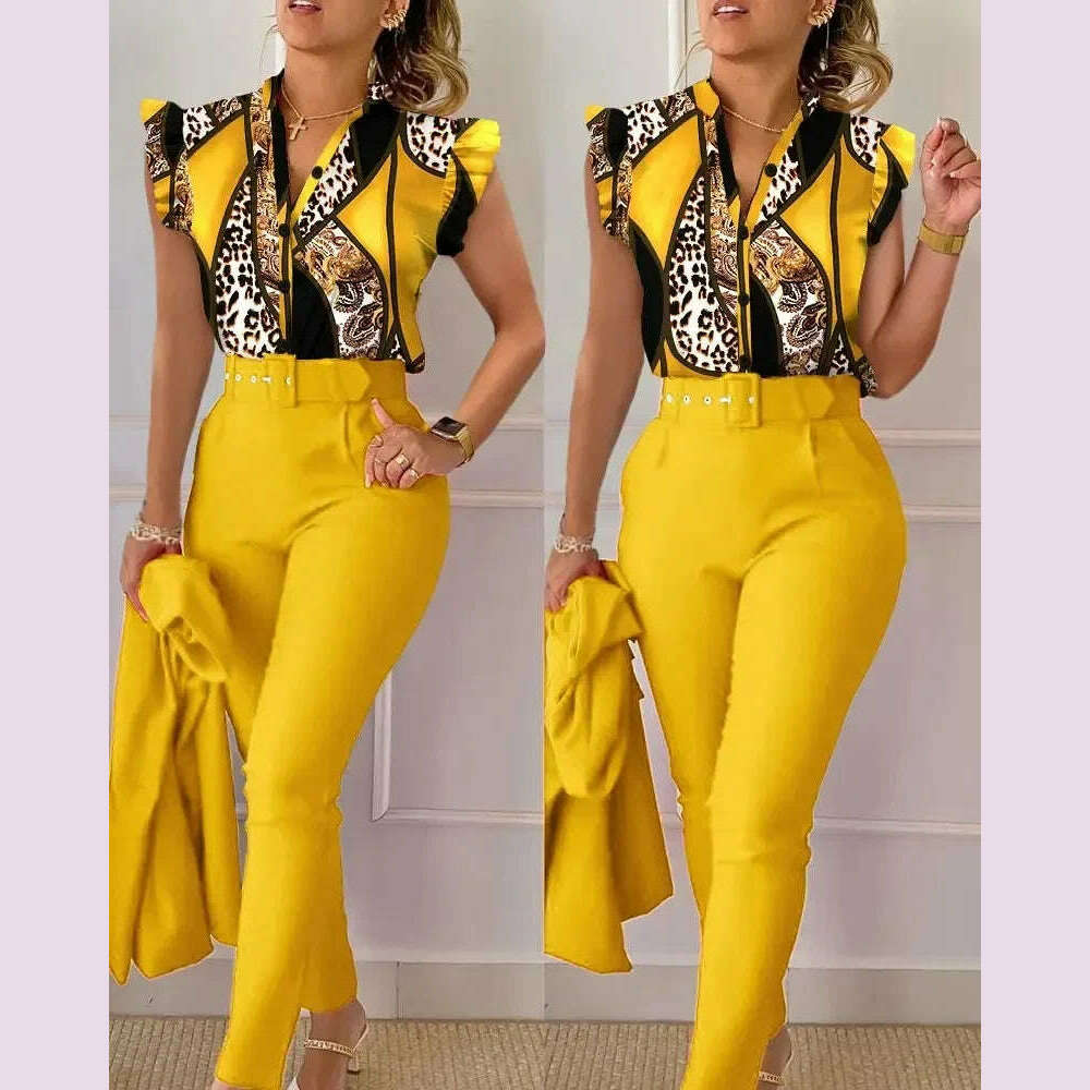 KIMLUD, New 2024 Women's Summer Casual Sets 2PCS Printed Lotus Leaf Sleeve Top and Pants Set with Belt Female Suit Sets Outfits Workwear, Yellow Leopard Print / XXL, KIMLUD APPAREL - Womens Clothes