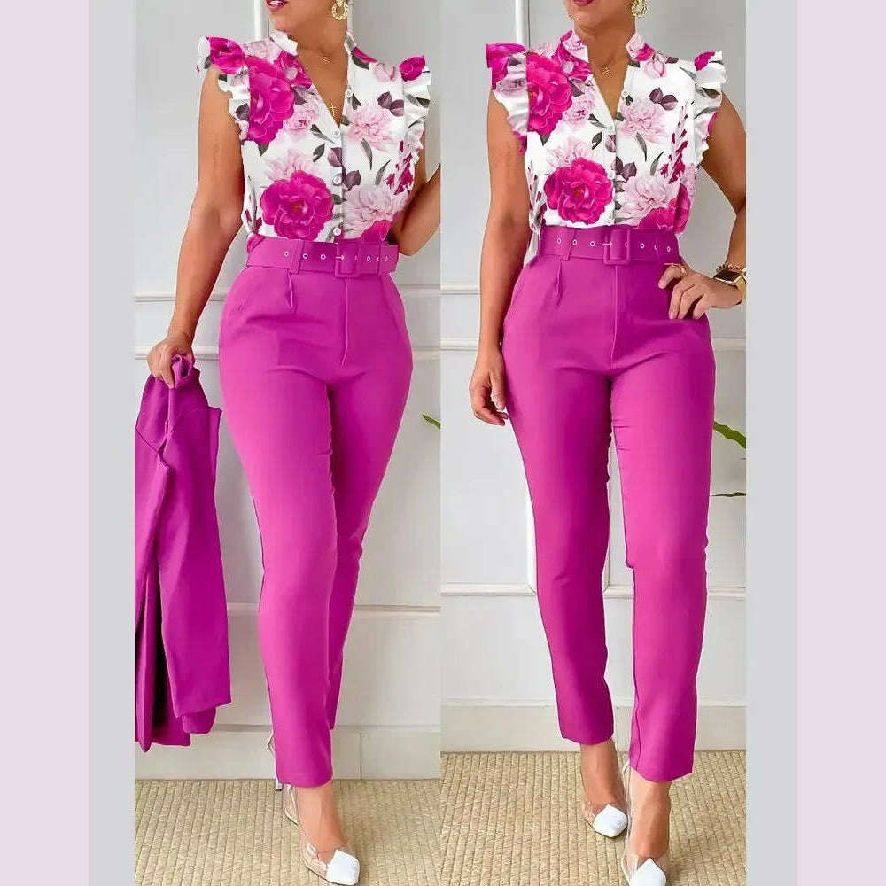 New 2024 Women's Summer Casual Sets 2PCS Printed Lotus Leaf Sleeve Top and Pants Set with Belt Female Suit Sets Outfits Workwear - KIMLUD