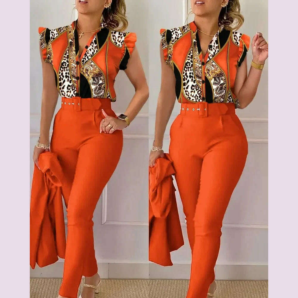 New 2024 Women's Summer Casual Sets 2PCS Printed Lotus Leaf Sleeve Top and Pants Set with Belt Female Suit Sets Outfits Workwear - KIMLUD