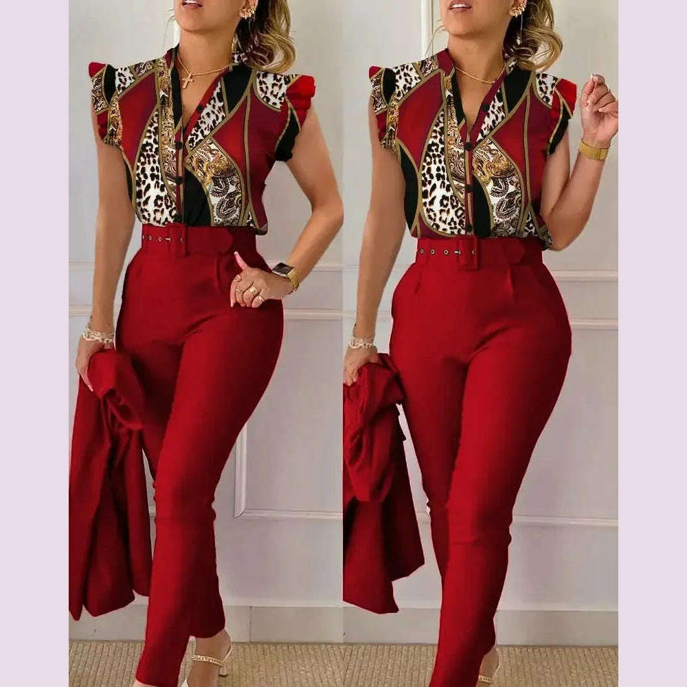 New 2024 Women's Summer Casual Sets 2PCS Printed Lotus Leaf Sleeve Top and Pants Set with Belt Female Suit Sets Outfits Workwear - KIMLUD