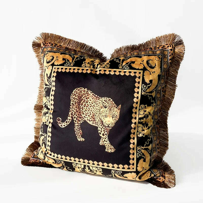 KIMLUD, New 45 X45cm Luxury Tiger Printing Square Pillowcase Model Living Room Sofa Decorative Tassels Cushion Velvet Pillow Cover, 45x45cm / Tiger - Black, KIMLUD APPAREL - Womens Clothes