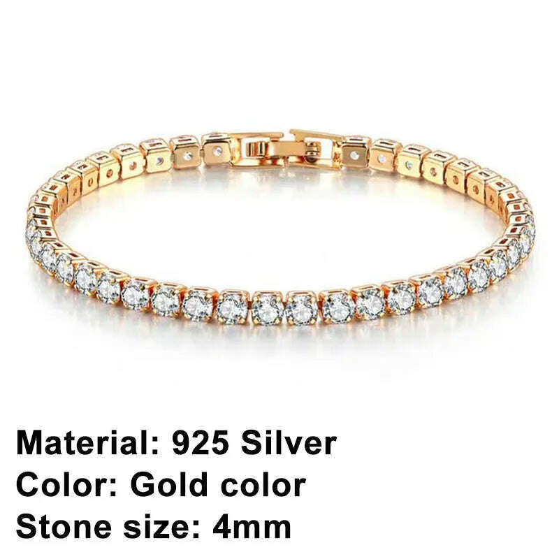 KIMLUD, New 925 Sterling Silver Hip Hop Fashion Women's Tennis Bracelet Rose Gold Shining Cubic zirconia Bracelet Wedding Jewelry Gift, 4mm Gold Color Brace / 17cm, KIMLUD APPAREL - Womens Clothes