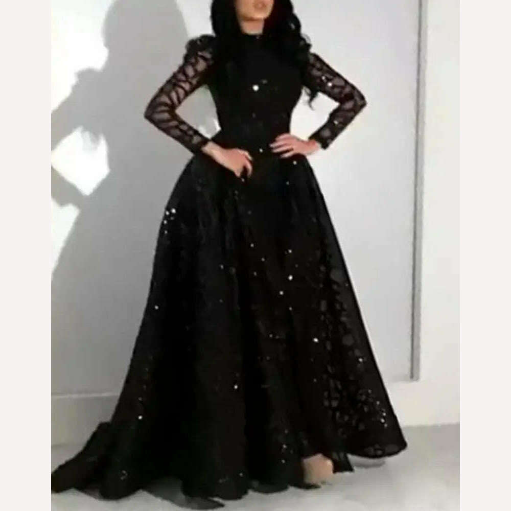 KIMLUD, New Arrival Lace Evening Gown Black Sequin Ball Gown Elegant Long-sleeved Evening Dress for Ladies, KIMLUD Womens Clothes