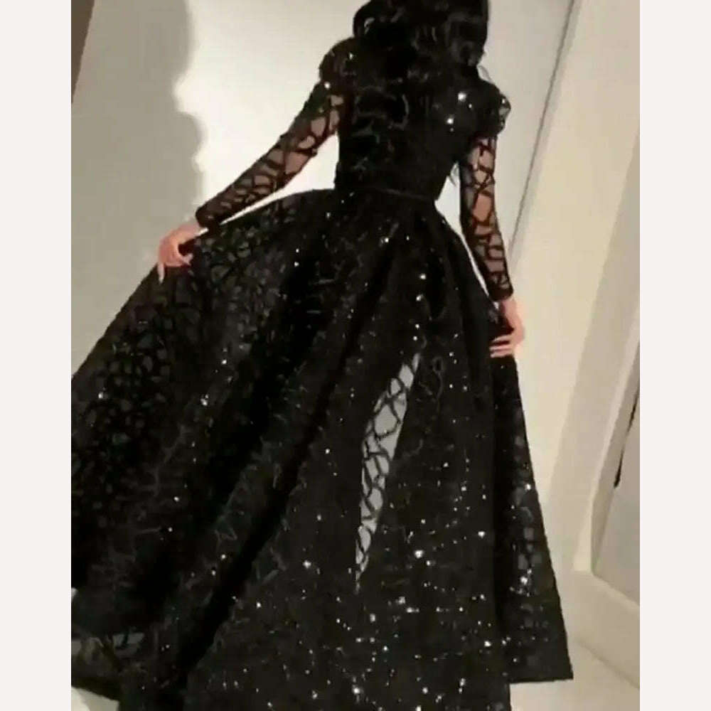 New Arrival Lace Evening Gown Black Sequin Ball Gown Elegant Long-sleeved Evening Dress for Ladies - KIMLUD