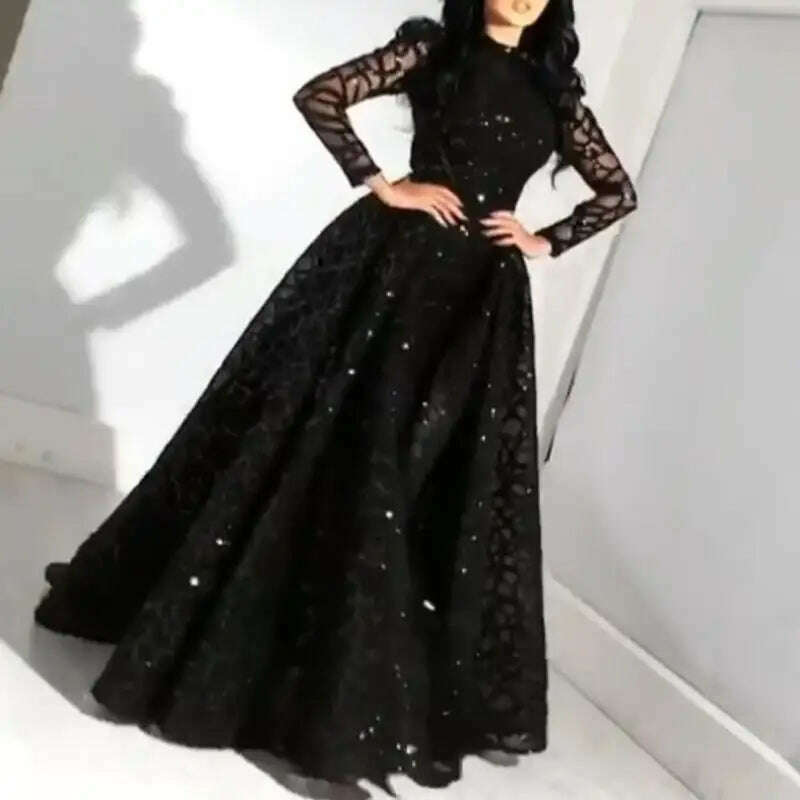 New Arrival Lace Evening Gown Black Sequin Ball Gown Elegant Long-sleeved Evening Dress for Ladies - KIMLUD