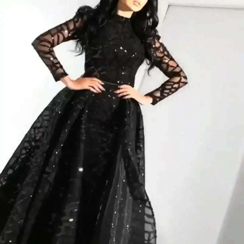 New Arrival Lace Evening Gown Black Sequin Ball Gown Elegant Long-sleeved Evening Dress for Ladies - KIMLUD