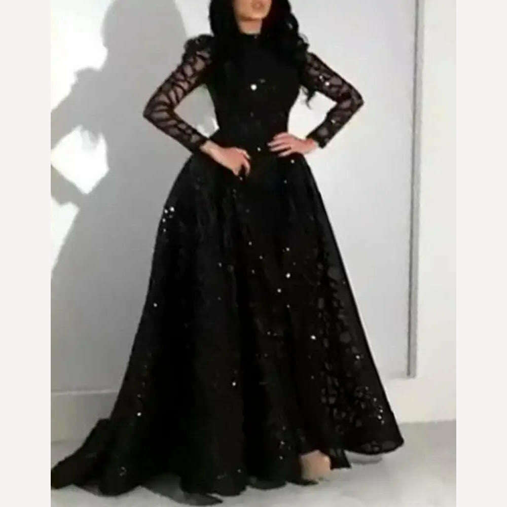 New Arrival Lace Evening Gown Black Sequin Ball Gown Elegant Long-sleeved Evening Dress for Ladies - KIMLUD