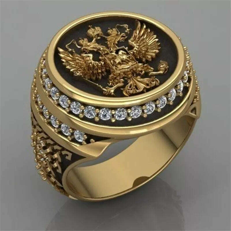 KIMLUD, New Arrival Men Rings Unique Badge Double Headed Eagle Ring Wedding Anniversary Angel Wings Jewelry, Gold / 6, KIMLUD APPAREL - Womens Clothes