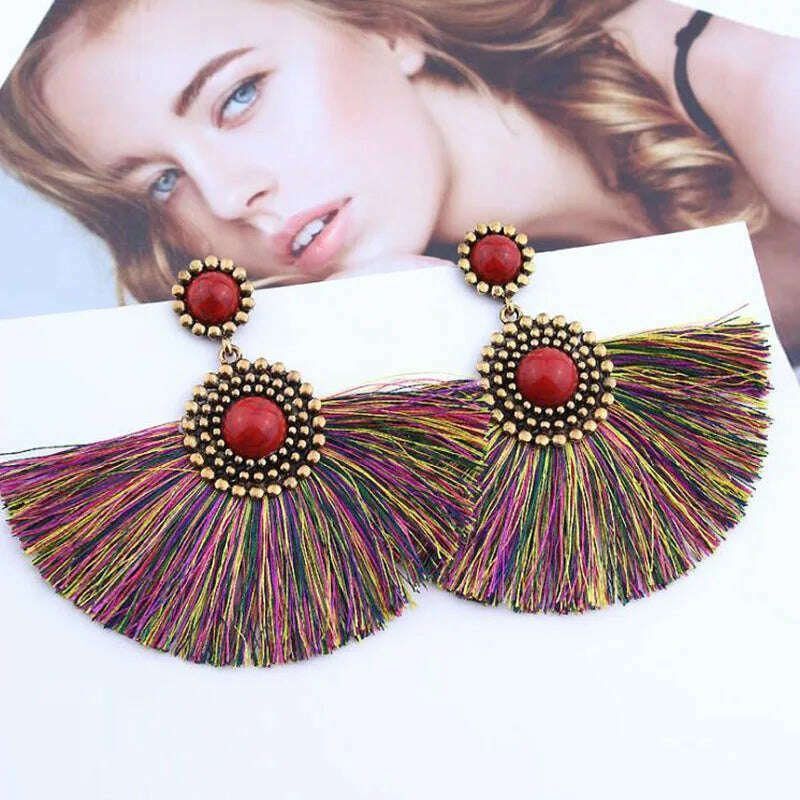 KIMLUD, New Boho Tassel Earrings for Women Fan Shape Exaggerated Beads Vintage Ethnic Dangle Earrings Wild Ear Jewelry boucle oreille, KIMLUD Womens Clothes