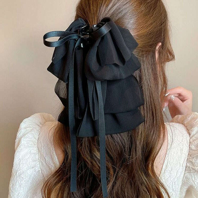 KIMLUD, New Bow Floating Ribbon Grip Clip Girls Elegant Ponytail Braid Claw Clip Retro Luxury Female Hair Card Hair Accessories, KIMLUD Womens Clothes