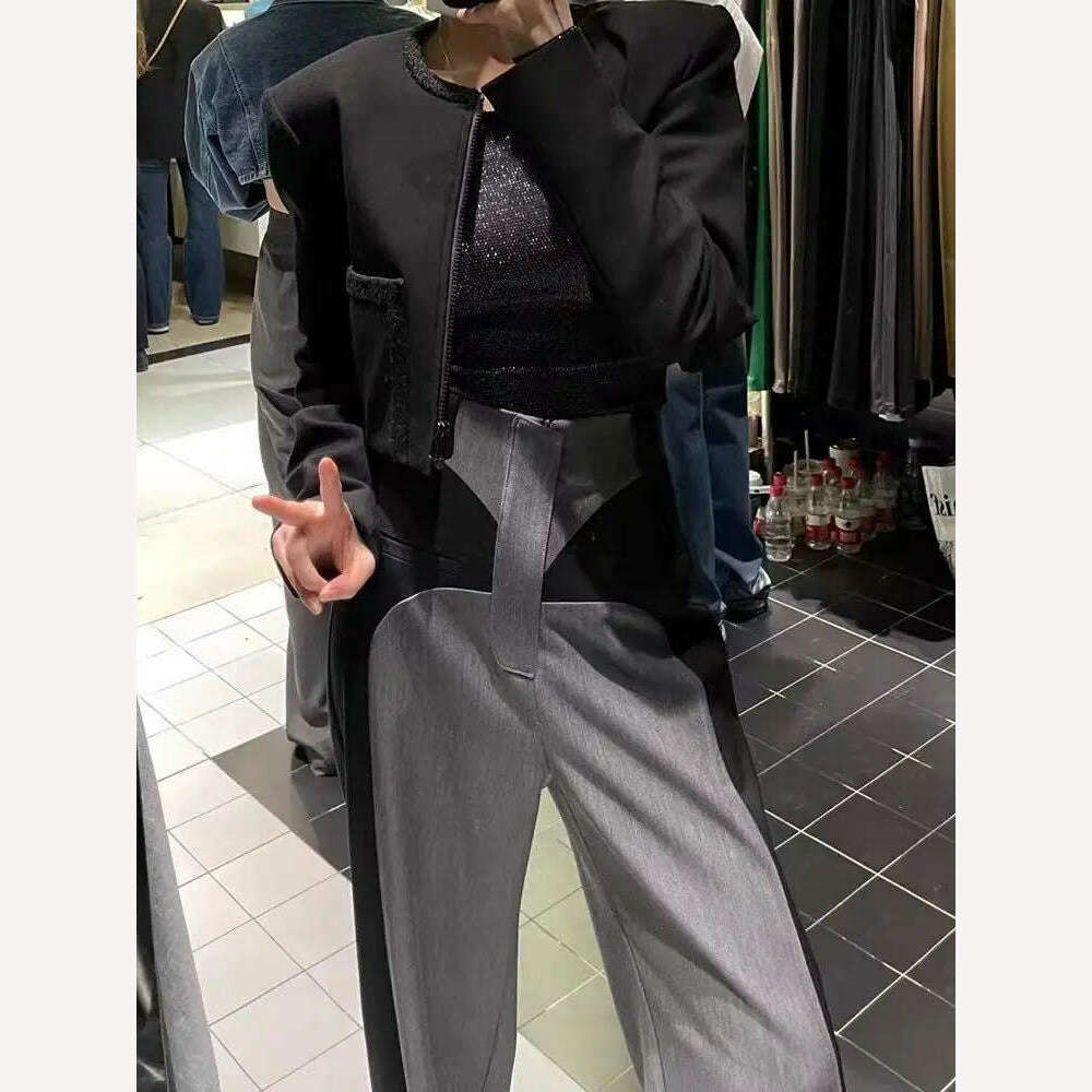 KIMLUD, New Chestnut 2023Spring NewDesign Sense Color Contrast Patchwork Suit Pants Women's High Waist Slimming Loose Wide Leg Mop Pants, gray / S, KIMLUD APPAREL - Womens Clothes