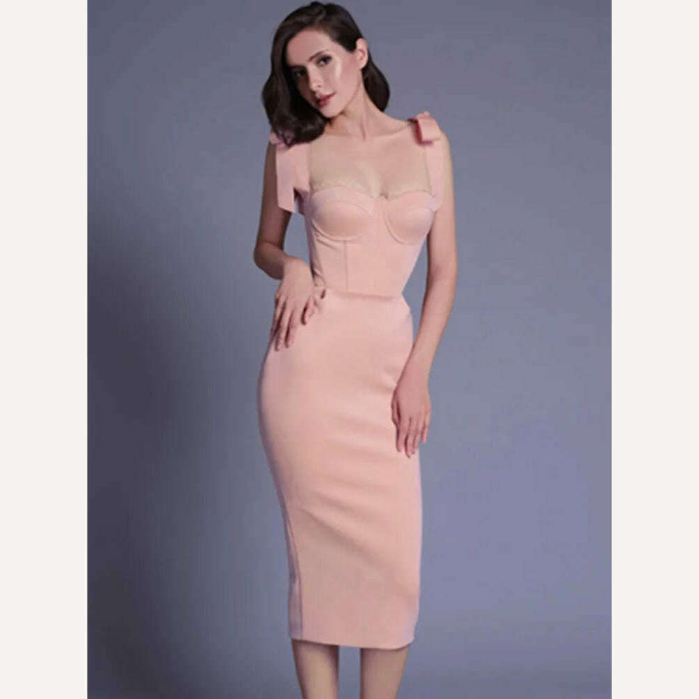 New Chic Women Summer Sexy Backless Split White Beige Midi Bodycon Bandage Dress 2023 Elegant Evening Party Dress Vestido - KIMLUD