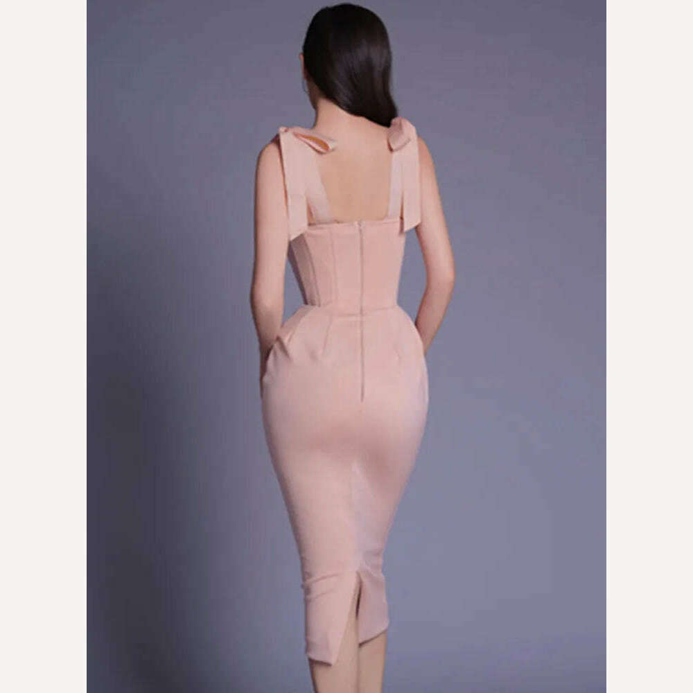 New Chic Women Summer Sexy Backless Split White Beige Midi Bodycon Bandage Dress 2023 Elegant Evening Party Dress Vestido - KIMLUD