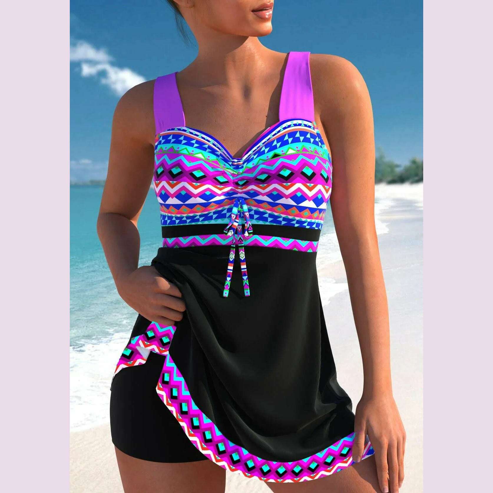 KIMLUD, New Comfortable Summer Women's White Geometric Pattern Printed Sexy and Fashionable Vacation Beach Swimsuit S-6XL, 8682-purple / S, KIMLUD APPAREL - Womens Clothes